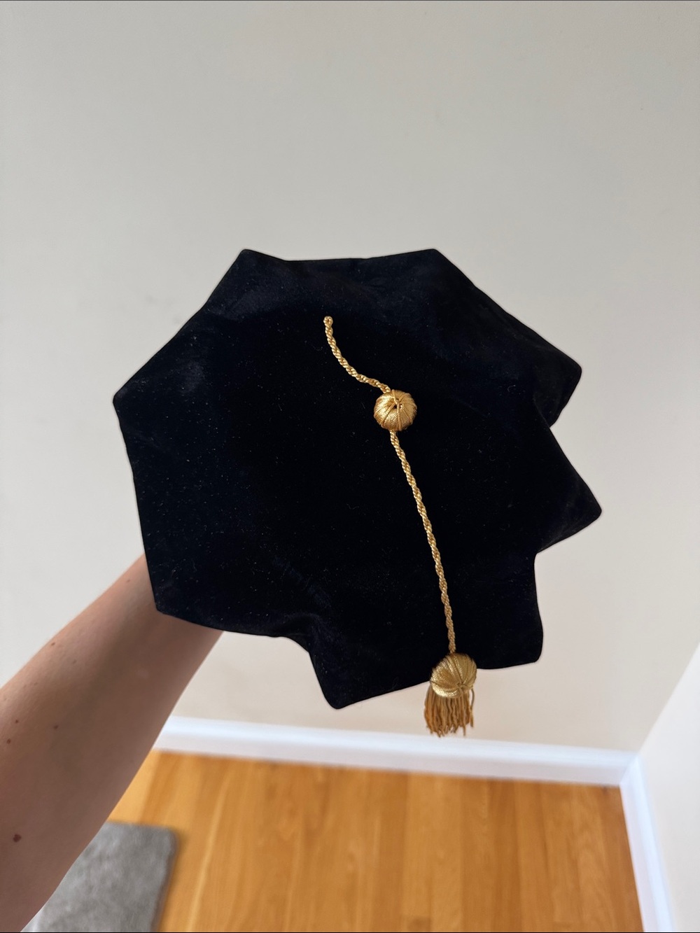 Black Velvet Doctoral Grad Cap with Gold Tassel Tam